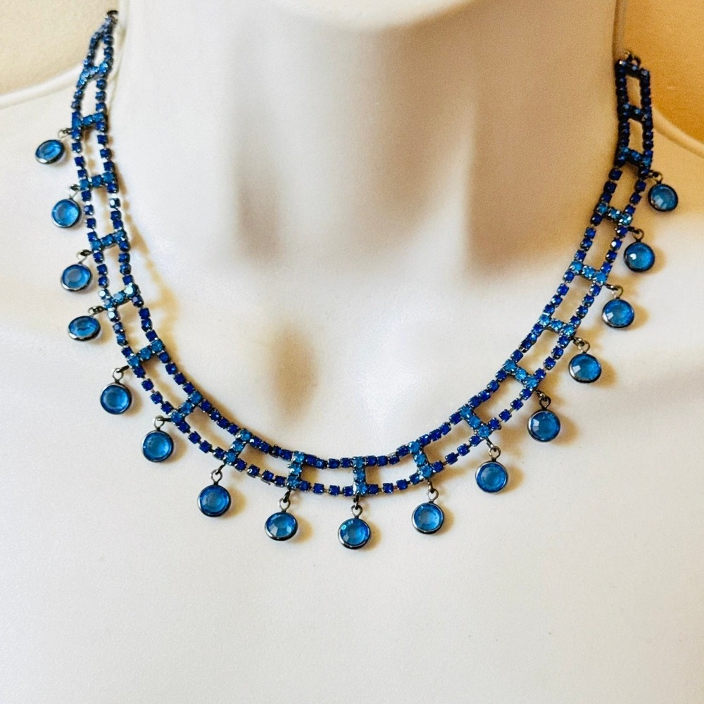VTG Open Bezel Austrian Blue Crystal Necklace Rhinestone Art Deco Style Choker